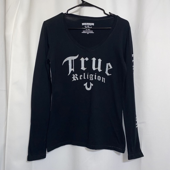 Vintage True Religion Black Long Sleeve Shirt Womens Small Rhinestones Y2K - Picture 1 of 5